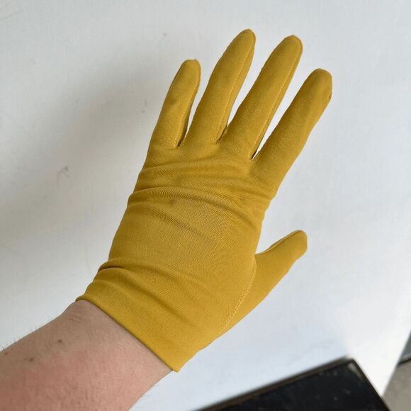 Vintage Yellow Fabric Gloves 60s Style Size S/M Stretch Unlined - Picture 4 of 6